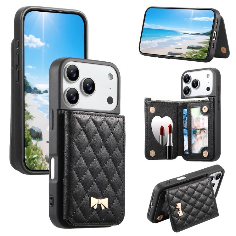 For iPhone 17 Pro Max Mirror Rhombic Texture Metal Bow-knot Vegan Leather Card Bag Phone Case(Black)