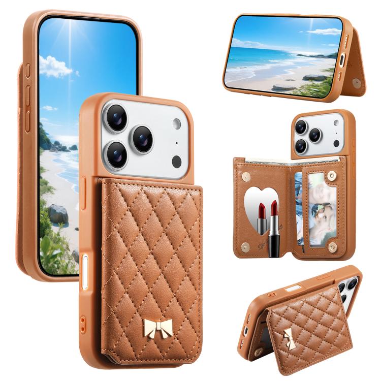 For iPhone 17 Pro Max Mirror Rhombic Texture Metal Bow-knot Vegan Leather Card Bag Phone Case(Brown)