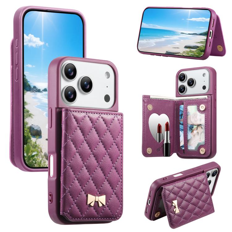 For iPhone 17 Pro Max Mirror Rhombic Texture Metal Bow-knot Vegan Leather Card Bag Phone Case(Purple)