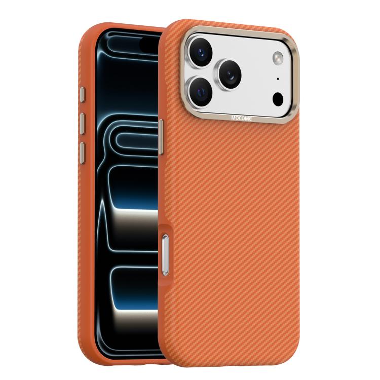 For iPhone 17 Pro Max Mocome Kevlar Carbon Fiber Texture Magnetic Shockproof Phone Case(orange)
