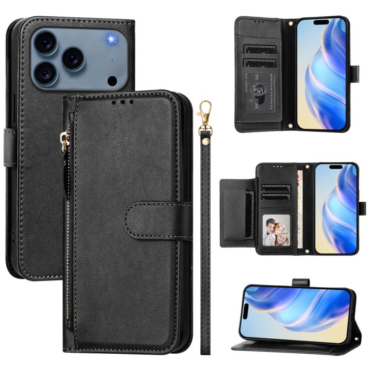 For iPhone 17 Pro Max Multi-Card Slots Zipper Wallet Leather Phone Case(Black)