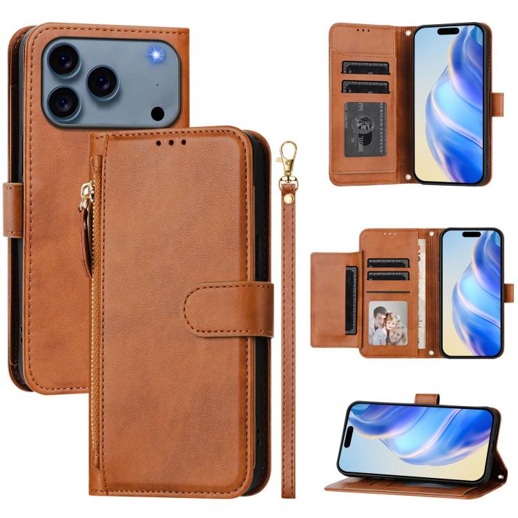 For iPhone 17 Pro Max Multi-Card Slots Zipper Wallet Leather Phone Case(Brown)
