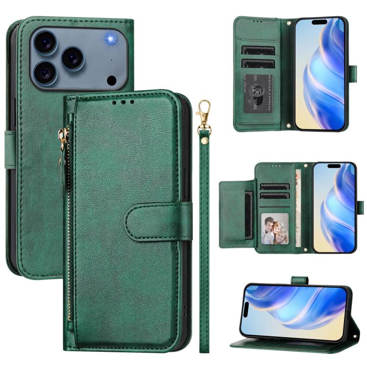 For iPhone 17 Pro Max Multi-Card Slots Zipper Wallet Leather Phone Case(Green)