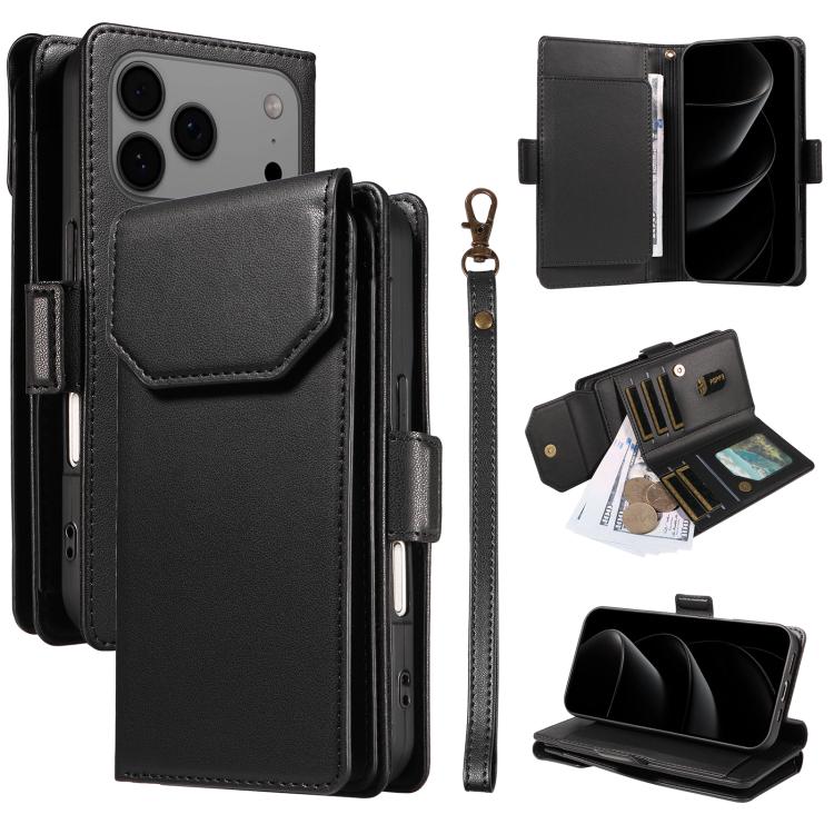 For iPhone 17 Pro Max Multi Card Wallet Leather Phone Case with Strap(Black)
