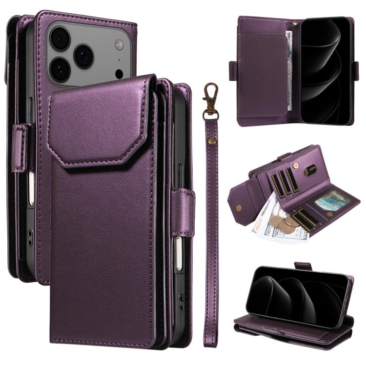 For iPhone 17 Pro Max Multi Card Wallet Leather Phone Case with Strap(Purple)