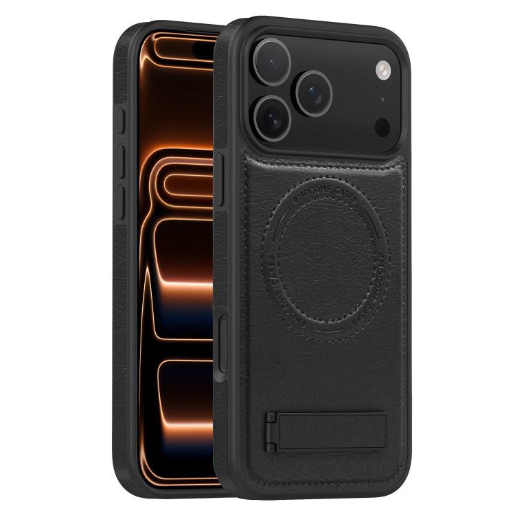 For iPhone 17 Pro Max Multi-function Holder MagSafe PU Phone Case(Black)