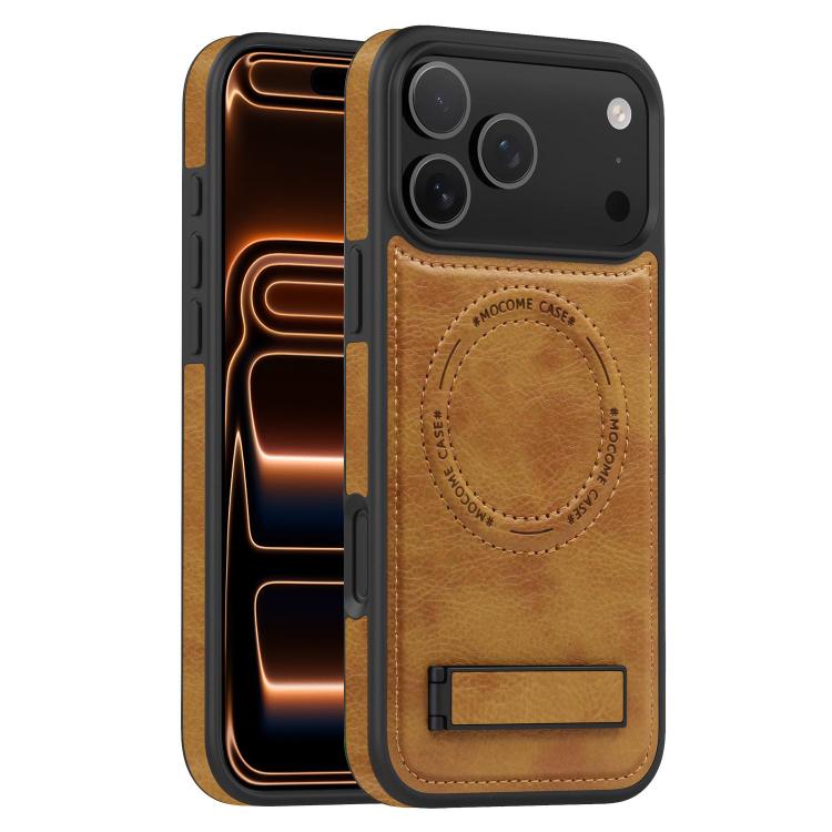 For iPhone 17 Pro Max Multi-function Holder MagSafe PU Phone Case(Brown)