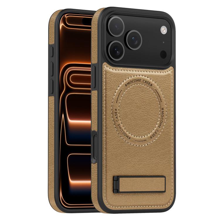 For iPhone 17 Pro Max Multi-function Holder MagSafe PU Phone Case(Desert Gold)