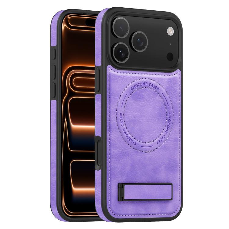 For iPhone 17 Pro Max Multi-function Holder MagSafe PU Phone Case(Purple)
