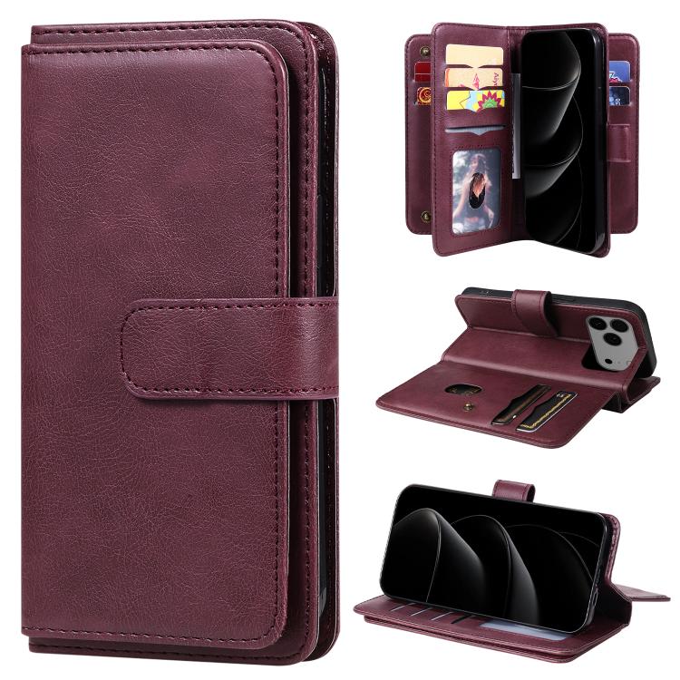 For iPhone 17 Pro Max Multi-Function Wallet 10 Card Slots Leather Phone Case(Claret)