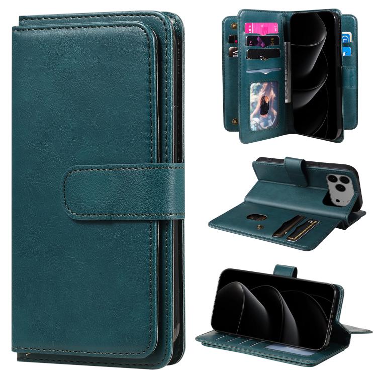 For iPhone 17 Pro Max Multi-Function Wallet 10 Card Slots Leather Phone Case(Dark Green)