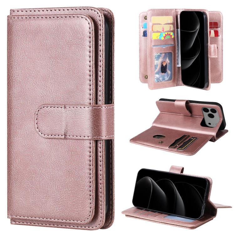 For iPhone 17 Pro Max Multi-Function Wallet 10 Card Slots Leather Phone Case(Rose Gold)