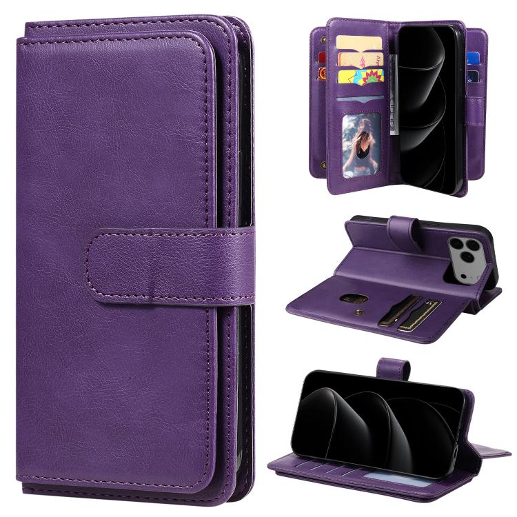 For iPhone 17 Pro Max Multi-Function Wallet 10 Card Slots Leather Phone Case(Violet)