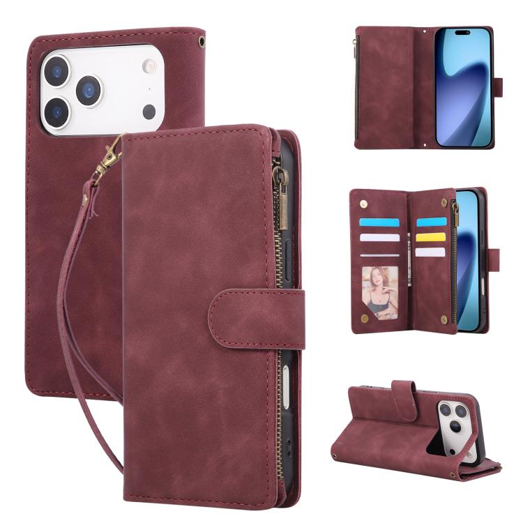 For iPhone 17 Pro Max Multifunctional Multi-Card Wallet Phone Leather Case(Wine Red)