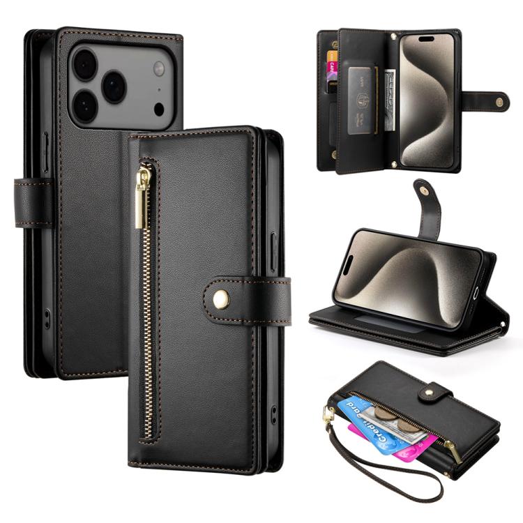For iPhone 17 Pro Max Nine Card-slot Zipper Wallet Bag Leather Phone Case(Black)