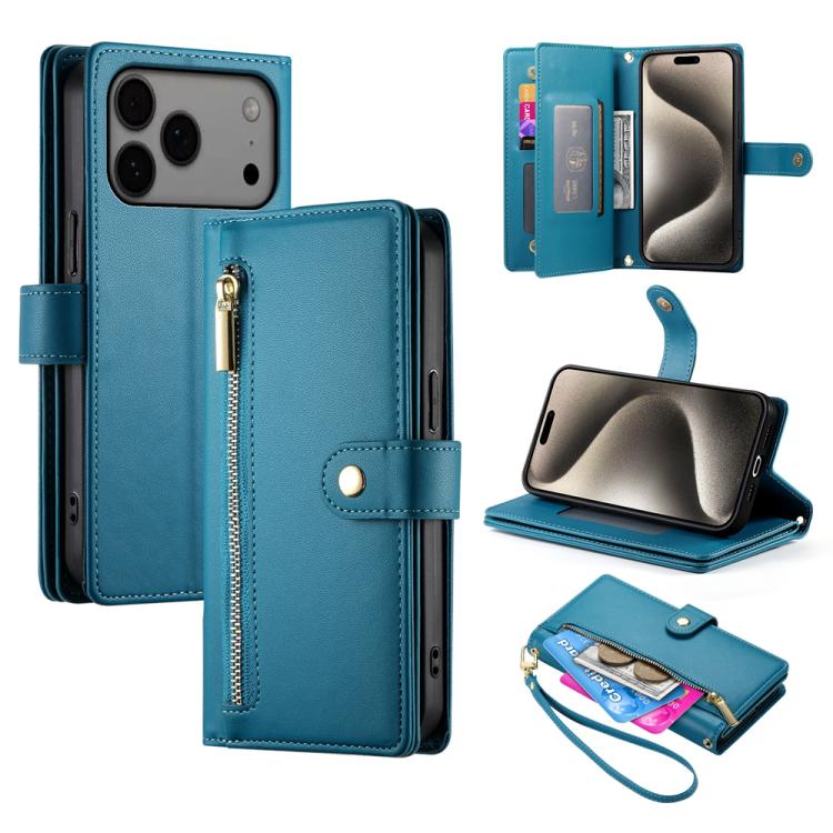 For iPhone 17 Pro Max Nine Card-slot Zipper Wallet Bag Leather Phone Case(Blue)