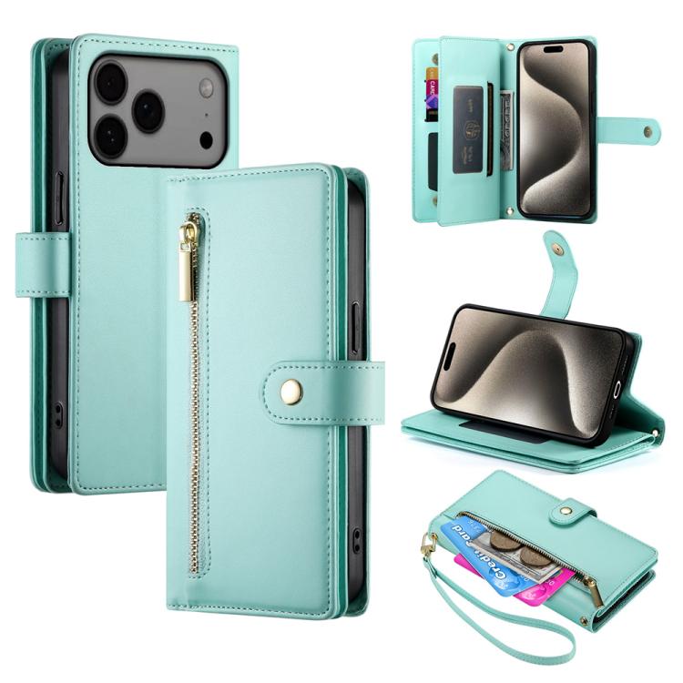 For iPhone 17 Pro Max Nine Card-slot Zipper Wallet Bag Leather Phone Case(Mint Green)