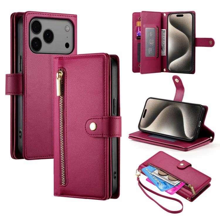 For iPhone 17 Pro Max Nine Card-slot Zipper Wallet Bag Leather Phone Case(Red)