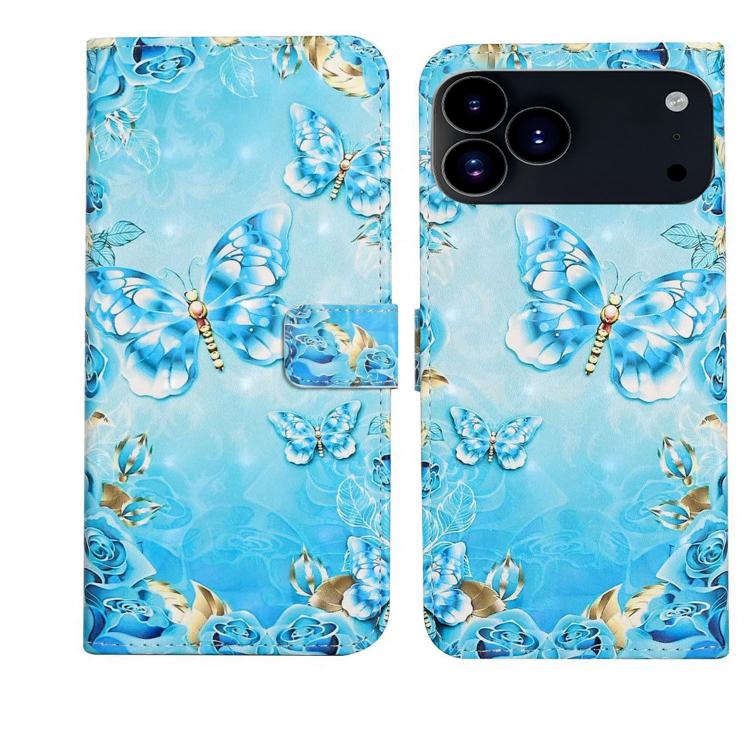 For iPhone 17 Pro Max Oil Embossed 3D Drawing Leather Phone Case(Blue Butterflies)