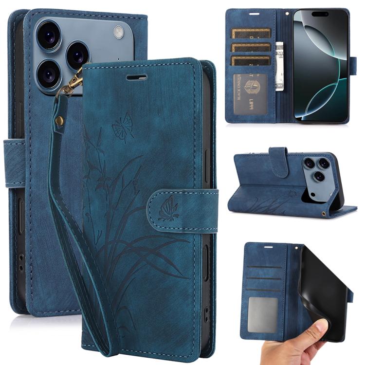 For iPhone 17 Pro Max Orchid Butterfly Embossed Leather Phone Case(Blue)
