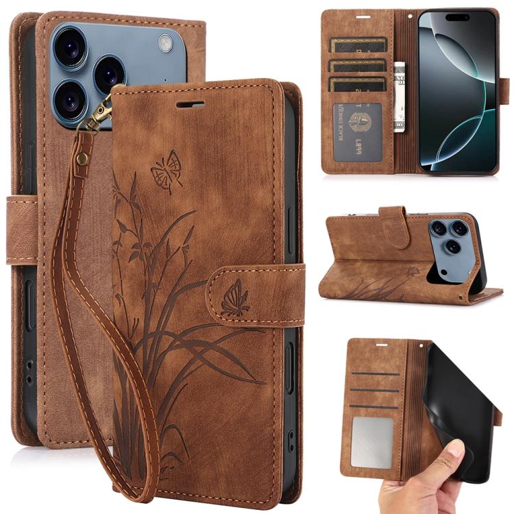 For iPhone 17 Pro Max Orchid Butterfly Embossed Leather Phone Case(Brown)