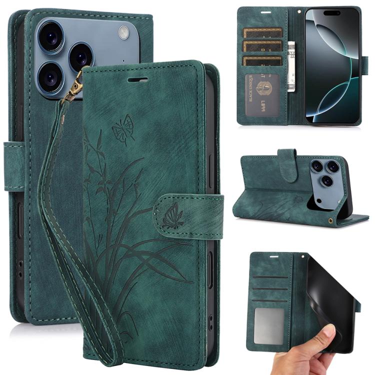 For iPhone 17 Pro Max Orchid Butterfly Embossed Leather Phone Case(Green)