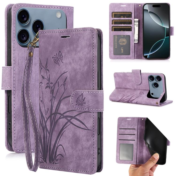 For iPhone 17 Pro Max Orchid Butterfly Embossed Leather Phone Case(Purple)