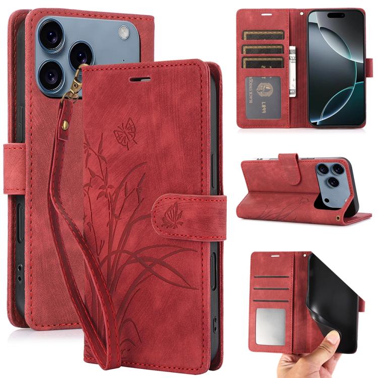 For iPhone 17 Pro Max Orchid Butterfly Embossed Leather Phone Case(Red)