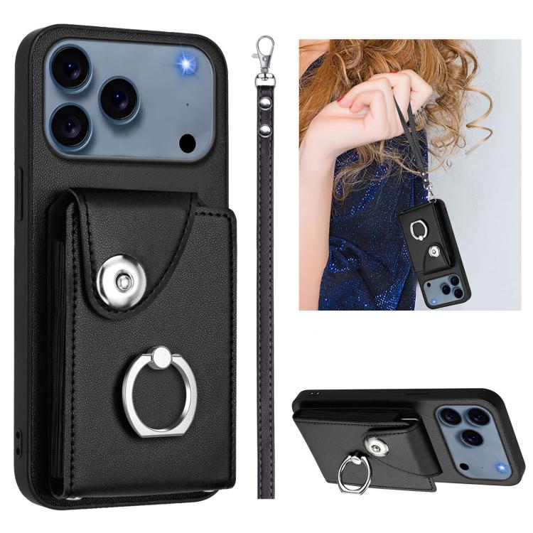 For iPhone 17 Pro Max Organ Card Bag Ring Holder PU Phone Case with Lanyard(Black)