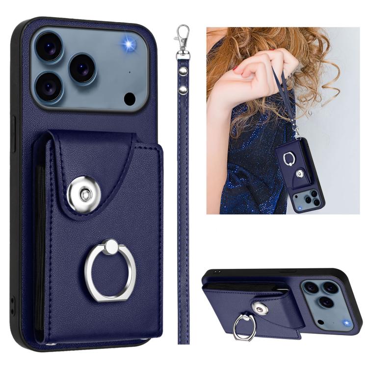 For iPhone 17 Pro Max Organ Card Bag Ring Holder PU Phone Case with Lanyard(Blue)