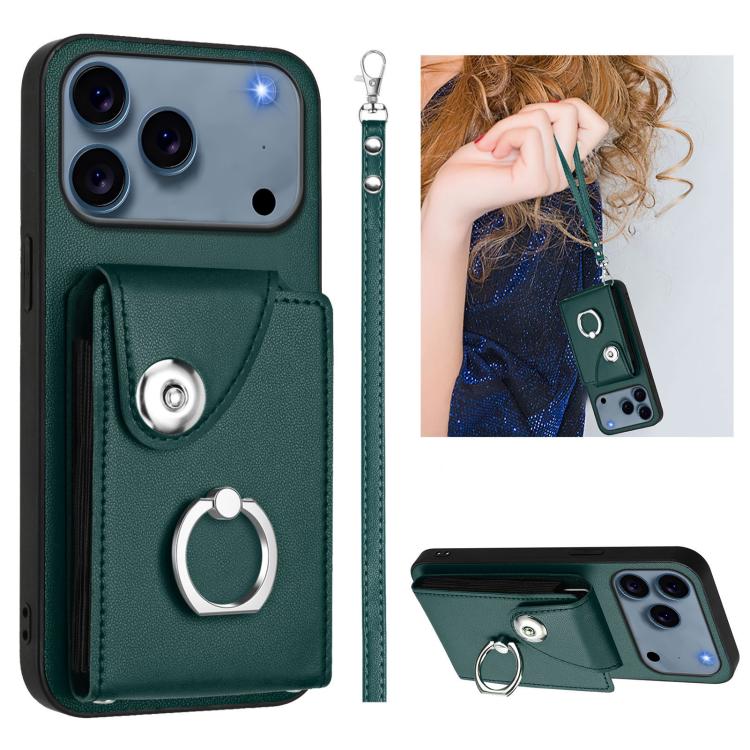 For iPhone 17 Pro Max Organ Card Bag Ring Holder PU Phone Case with Lanyard(Green)