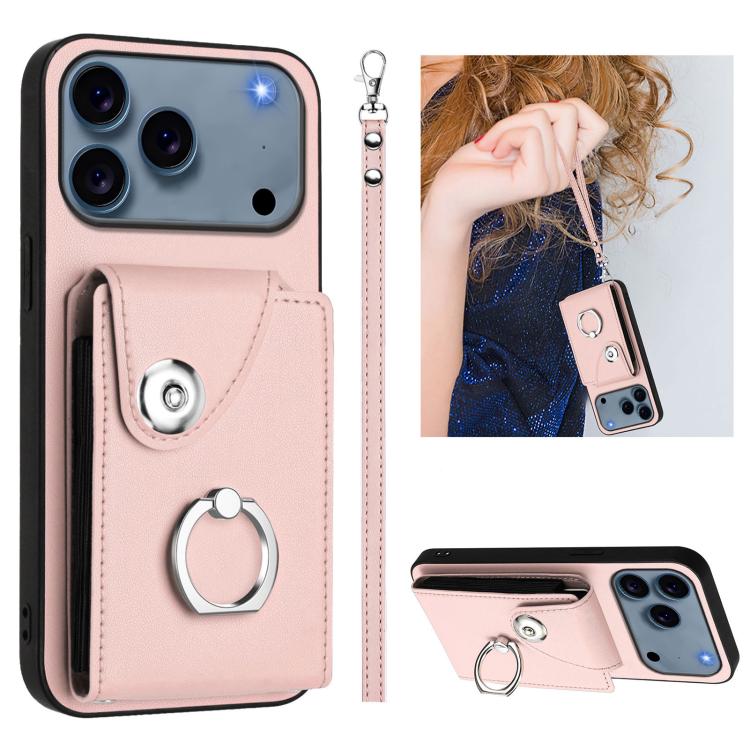 For iPhone 17 Pro Max Organ Card Bag Ring Holder PU Phone Case with Lanyard(Pink)