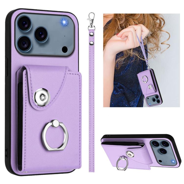 For iPhone 17 Pro Max Organ Card Bag Ring Holder PU Phone Case with Lanyard(Purple)