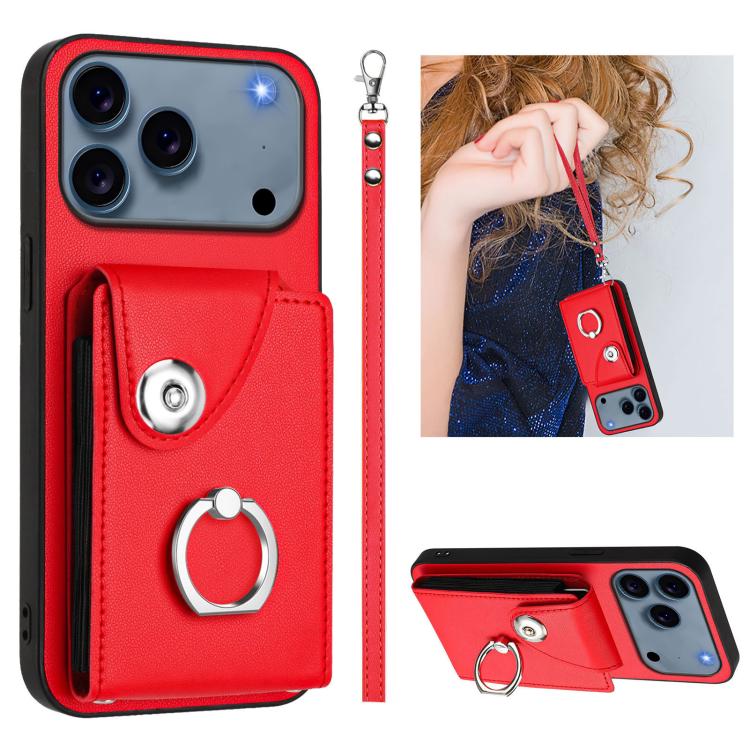 For iPhone 17 Pro Max Organ Card Bag Ring Holder PU Phone Case with Lanyard(Red)