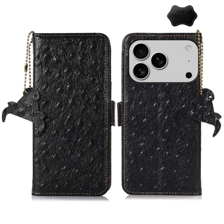 For iPhone 17 Pro Max Ostrich Pattern Genuine Leather RFID Phone Case(Black)