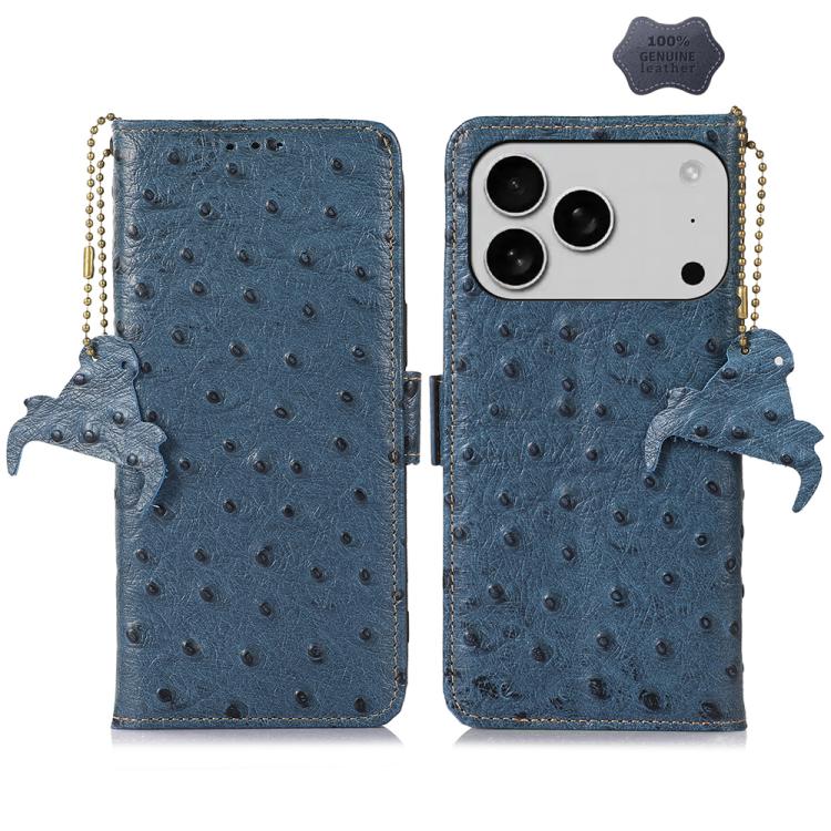 For iPhone 17 Pro Max Ostrich Pattern Genuine Leather RFID Phone Case(Blue)