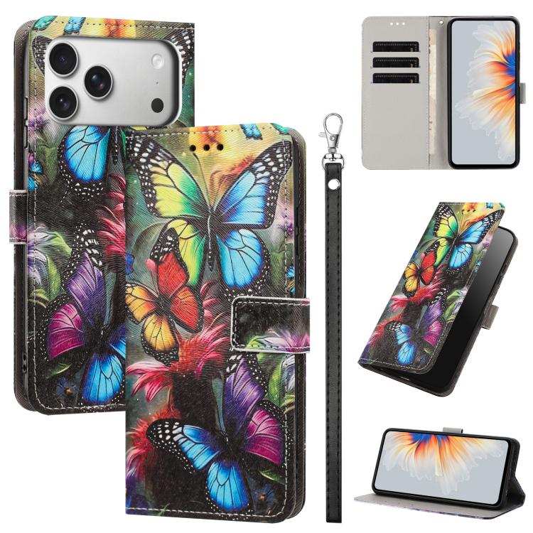 For iPhone 17 Pro Max Painted Pattern Vegan Leather Phone Case with Strap(Colorful Butterfly)