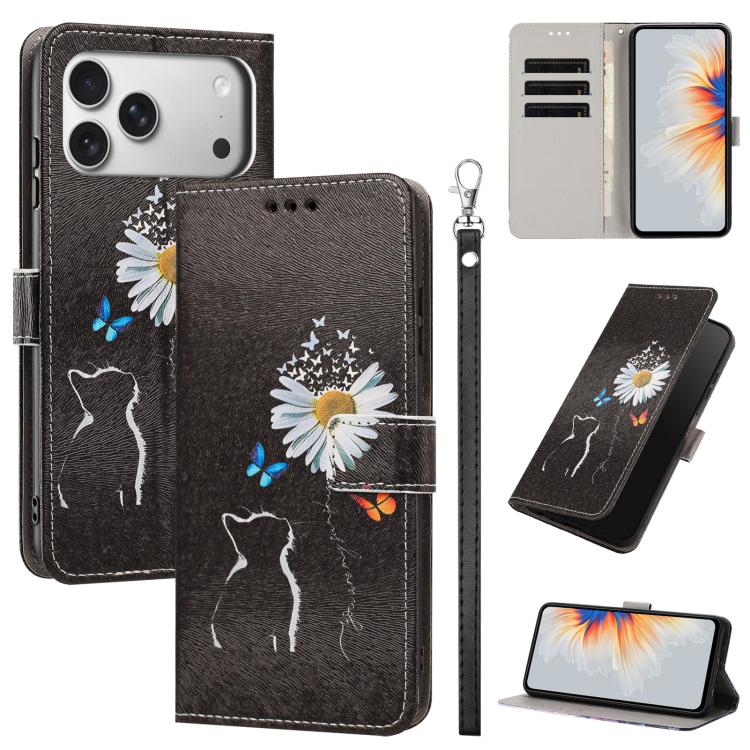 For iPhone 17 Pro Max Painted Pattern Vegan Leather Phone Case with Strap(Daisy Cat)