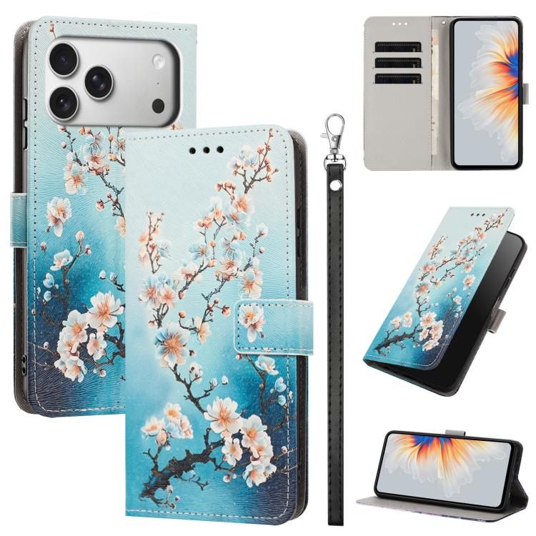 For iPhone 17 Pro Max Painted Pattern Vegan Leather Phone Case with Strap(Plum Blossom)