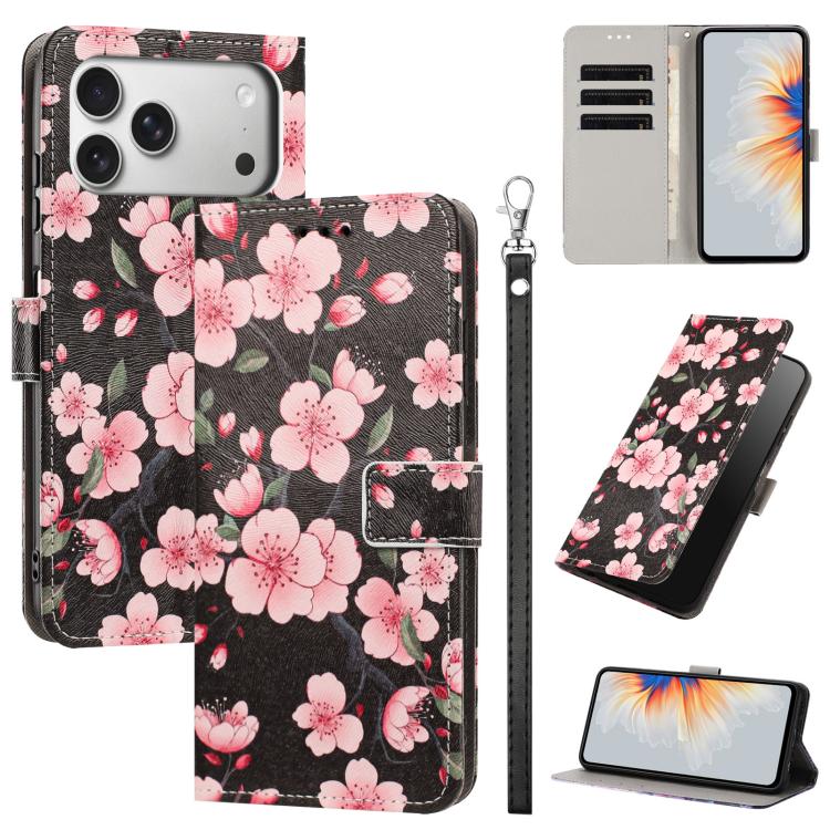 For iPhone 17 Pro Max Painted Pattern Vegan Leather Phone Case with Strap(Sakura)
