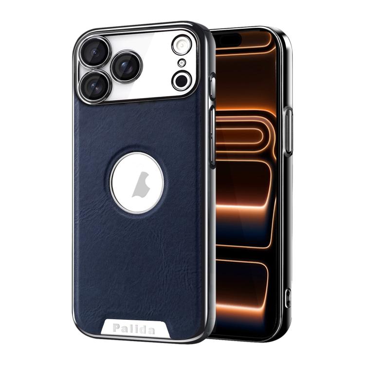 For iPhone 17 Pro Max Palida Electroplated Mecha-Style Vegan Leather Shockproof Phone Case(Blue)