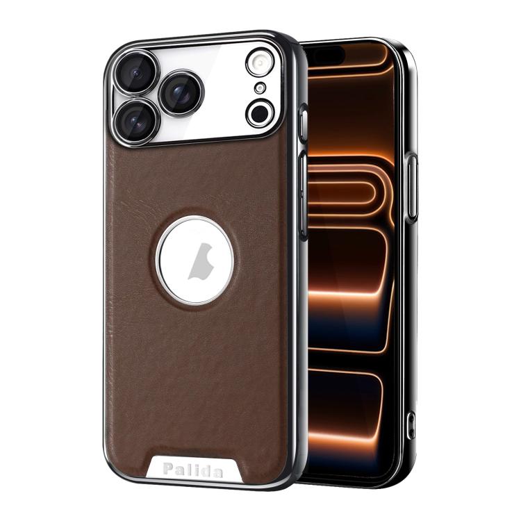 For iPhone 17 Pro Max Palida Electroplated Mecha-Style Vegan Leather Shockproof Phone Case(Brown)