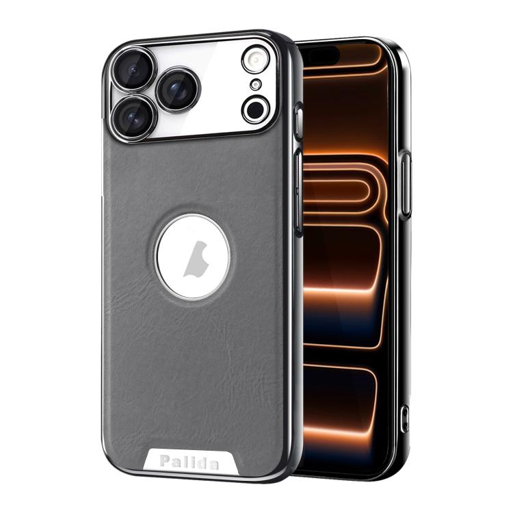 For iPhone 17 Pro Max Palida Electroplated Mecha-Style Vegan Leather Shockproof Phone Case(Gray)