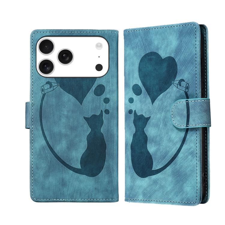 For iPhone 17 Pro Max Pen Heart Cat Embossed Leather Phone Case(Blue)