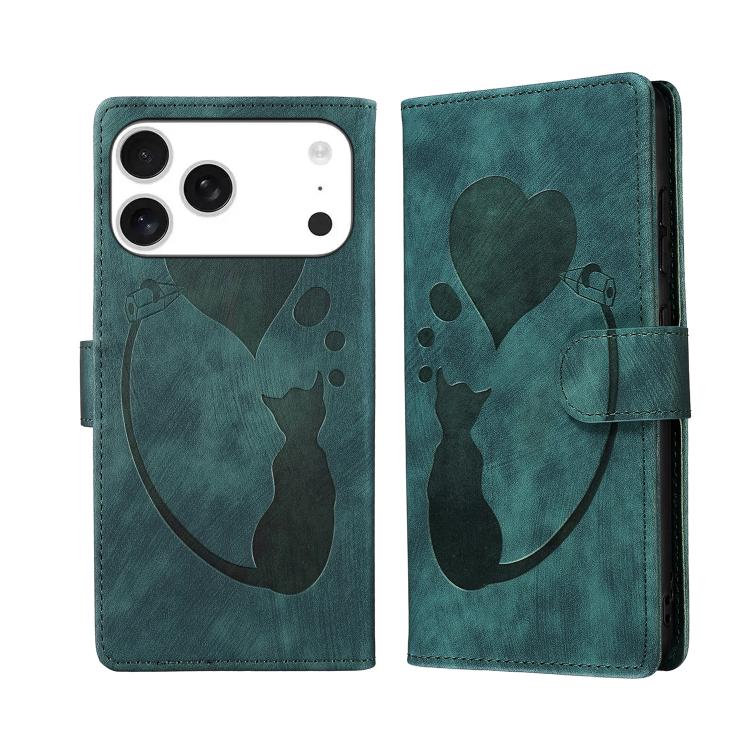 For iPhone 17 Pro Max Pen Heart Cat Embossed Leather Phone Case(Green)