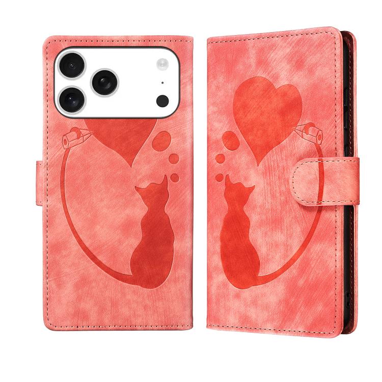 For iPhone 17 Pro Max Pen Heart Cat Embossed Leather Phone Case(Orange)