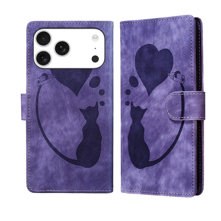 For iPhone 17 Pro Max Pen Heart Cat Embossed Leather Phone Case(Purple)