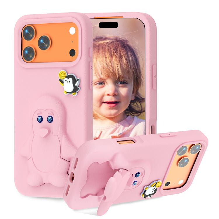 For iPhone 17 Pro Max Penguin Baby EVA Shockproof Phone Case with Holder(Pink)