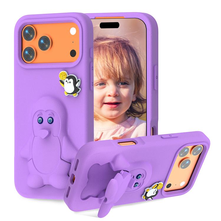 For iPhone 17 Pro Max Penguin Baby EVA Shockproof Phone Case with Holder(Purple)