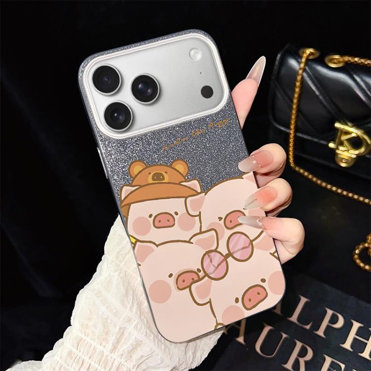 For iPhone 17 Pro Max Pink Pig Pattern IMD Glitter PC Hybrid TPU Phone Case(Black)
